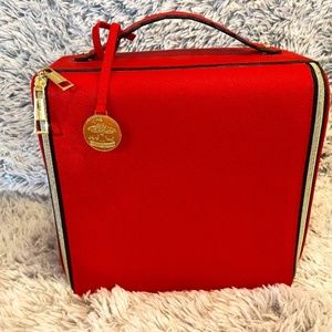 Price drop! Estee Lauder red faux leather train case, EUC